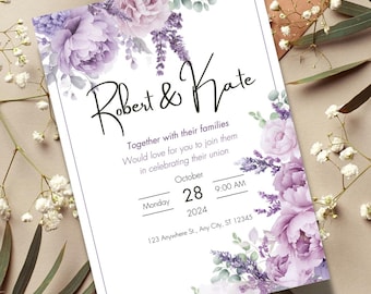 Lavender Floral Wedding Invitation Set: Elegant Canva Template (Digital Download)