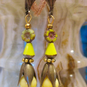 Yellow and Lime Czech Glass Earrings