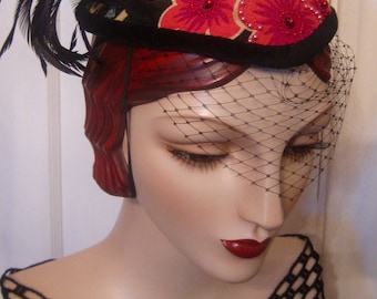 ON SALE/ Bead Embellished 1940's Barkcloth Fascinator