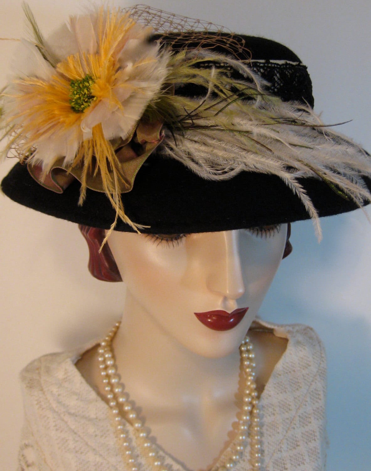 Victorian Boater With Feather Flower | Etsy