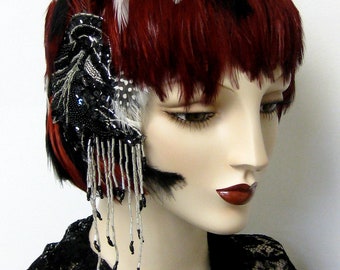 ON SALE/ Feathered Flapper Scullcap with Beadwork