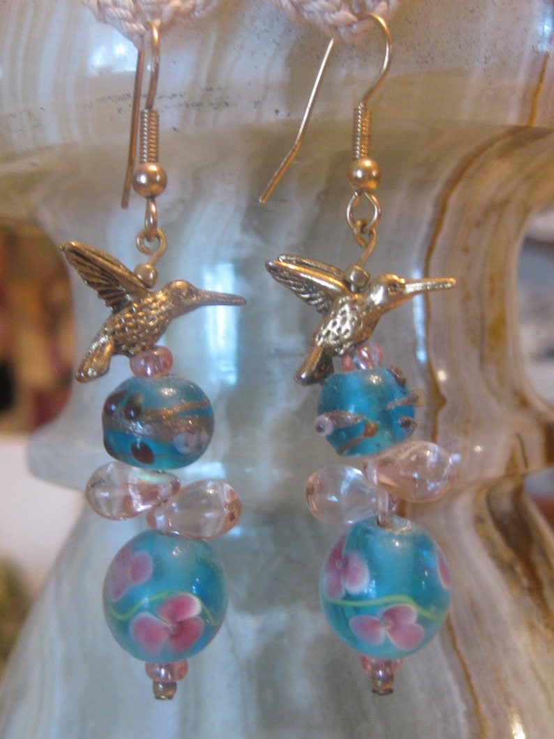 Hummingbird and Lampwork Bead Earrings