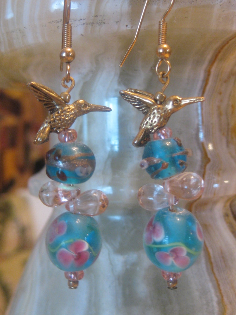 Hummingbird and Lampwork Bead Earrings