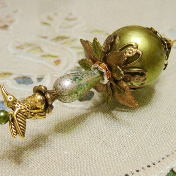 Hummingbird and Olive  Pearl Victorian  Hatpin