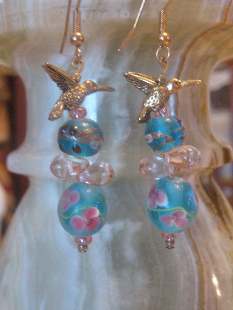 Hummingbird and Lampwork Bead Earrings