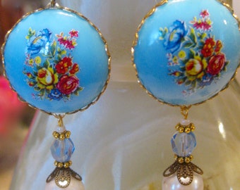 Turquoise Floral Cabochon Earrings