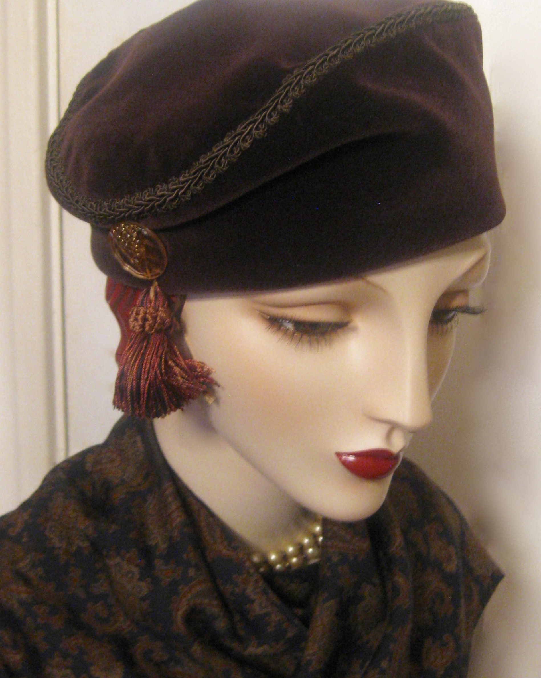 Toque Ladies Autumn Brown Velvet Toque With Czech Glass Button - Etsy