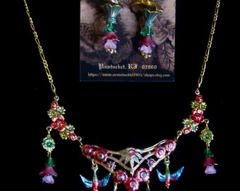 Art Nouveau Hummingbird and Floral Necklace and Earring Set