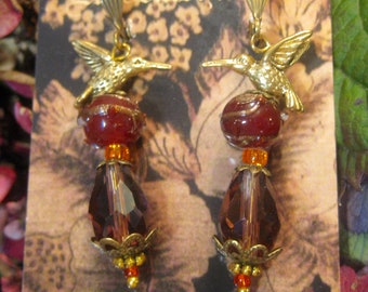 Hummingbird and Lamp Work  Bead Earrings/Burnt Orange