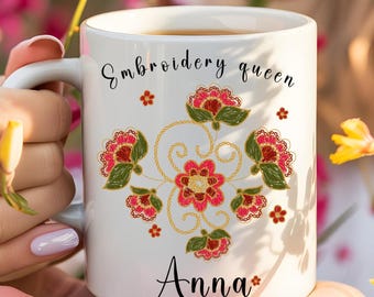 Embroidery Queen Mug Personalized Floral Mug for Embroiderer Stitching Hobby Gift Custom Name Ukrainian Folk Crafter Mug Gift