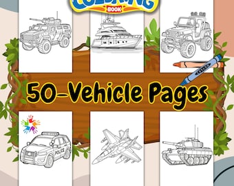 50 vehículos increíbles, páginas para colorear para niños, páginas para colorear para niños pequeños, páginas para colorear de vehículos, páginas para colorear de camiones, páginas para colorear de automóviles