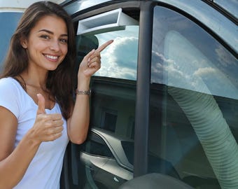 May include: A white rectangular plastic air vent insert installed in the top edge of a vehicle window frame, featuring a hollow opening for airflow, positioned alongside a flexible ribbed hose extending from the interior of the vehicle cabin.