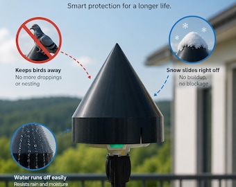 May include: Black antenna cover for Luba with a conical design. The cover protects against birds, snow, and rain, ensuring a longer life. Text on the image reads: "Antenna Cover for Luba. Smart protection for a longer life."