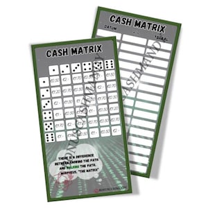 Op de afbeelding: Een groen en zwart printbaar cash matrix-spel met dobbelstenen en een citaat uit de film "The Matrix". Het spel bevat een raster met verschillende geldbedragen en een ruimte om de datum en het totaalbedrag bij te houden.