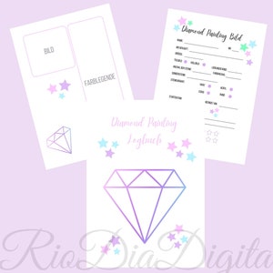 Puede incluir: Cuaderno de registro y rastreador de imágenes de pintura de diamantes imprimible con un diseño de diamante y estrellas. El cuaderno incluye secciones para el nombre de la imagen, el tamaño, el color, la cantidad de diamantes, la fecha de inicio y más.