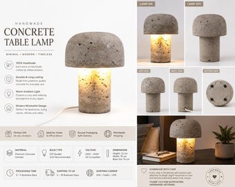 Ręcznie robiona lampa stołowa z betonu | Nowoczesny, minimalistyczny design, ciepłe, nastrojowe światło