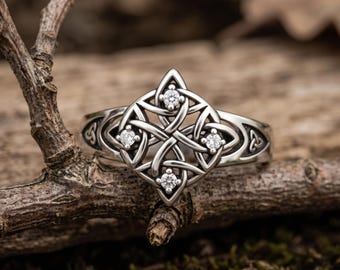 Anello con nodo celtico a quattro punte in argento sterling, gioiello con nodo della Trinità della strega ossidato