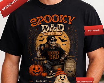 Personalized Spooky Dad Shirt, Custom Pumpkin Halloween Dad Tee, Vintage Skeleton Ghost Family Gift, Custom Name Dad Gift