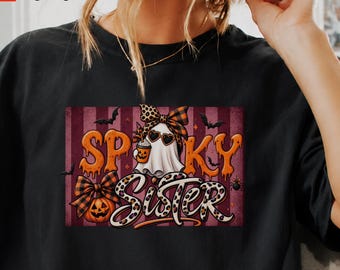 Spooky Sister Shirt, Halloween Sister Tee, Leopard Bow Ghost Shirt, Spooky Season Gift