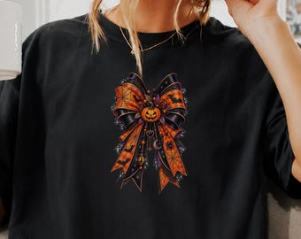Halloween Pumpkin Bow Shirt, Spooky Coquette Halloween Shirt, Vintage Halloween Graphic Tee, Fall Bow Gift
