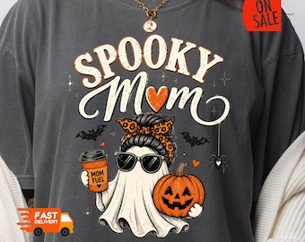 Retro Spooky Mom Shirt, Ghost Mom Tee, Cute Pumpkin Halloween Shirt, Vintage Fall Graphic Tee, Mom Fuel Shirt, Autumn Gift for Mom