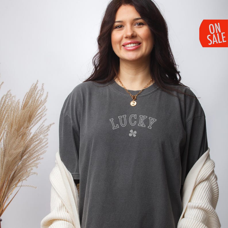 Lucky Charm Tee - Retro Lucky Shirt with 4 Leaf Clover, Saint Patricks Day Party Gift, Comfort Colors Moss Green Shamrock T-shirt image 10