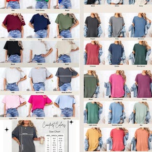 May include: A product listing showcasing various t-shirt colors from Gildan 5000 and Comfort Colors C1717 brands. The image displays multiple t-shirts in different colors, including red, green, blue, black, white, and others. Size charts are also included.
