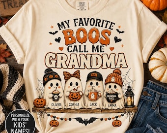 Personalized Ghost Grandma Shirt, My Favorite Boos Call Me Grandma, Halloween Grandma Shirt, Custom Grandkids Name Tee, Spooky Family Ghost