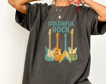Pastelkleurig T-shirt voor elektrische gitaar: retro rockmuziek-T-shirt