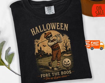 Retro Halloween Shirt– Vintage Skeleton Golfer Graphic Tee, Cute Spooky Season Shirt, Golf Lover Gift