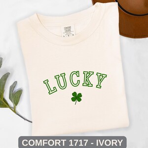 Lucky Charm Tee - Retro Lucky Shirt with 4 Leaf Clover, Saint Patricks Day Party Gift, Comfort Colors Moss Green Shamrock T-shirt image 2