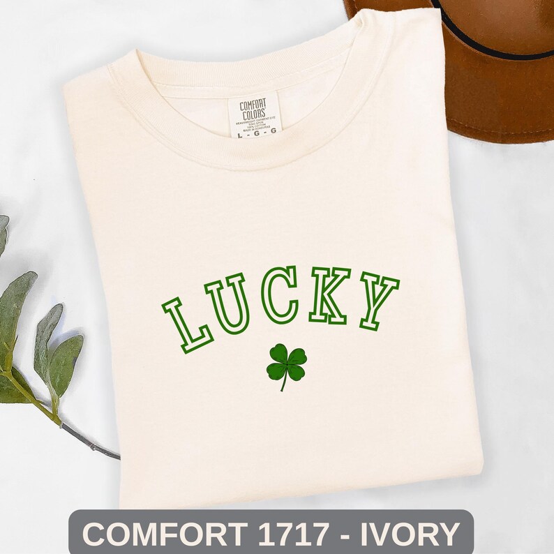 Lucky Charm Tee - Retro Lucky Shirt with 4 Leaf Clover, Saint Patricks Day Party Gift, Comfort Colors Moss Green Shamrock T-shirt image 2