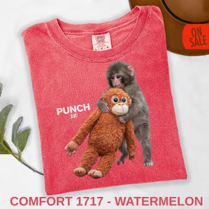 Meme monkey tee with soft plush toy cuddle scene