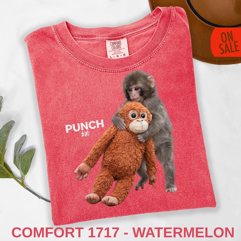 Meme monkey tee with soft plush toy cuddle scene