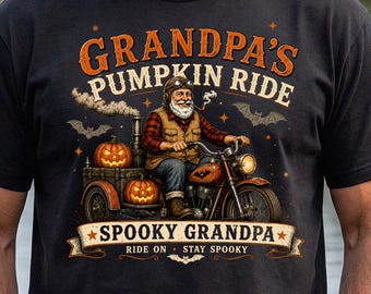 Spooky Grandpa Shirt, Vintage Grandpa Pumpkin Ride Tee, Motorcycle Biker Halloween Grandpa Gift, Fall Grandpa