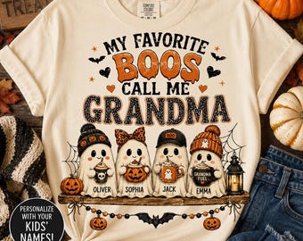 Personalized Ghost Grandma Shirt, My Favorite Boos Call Me Grandma, Halloween Grandma Shirt, Custom Grandkids Name Tee, Spooky Family Ghost