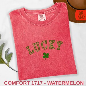 Lucky Charm Tee - Retro Lucky Shirt with 4 Leaf Clover, Saint Patricks Day Party Gift, Comfort Colors Moss Green Shamrock T-shirt image 9