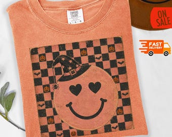 Vintage Smiley Halloween Shirt, Retro Smiley Tee, Checkered Halloween Shirt, Cute Spooky Season Tee, Halloween Graphic Tee,