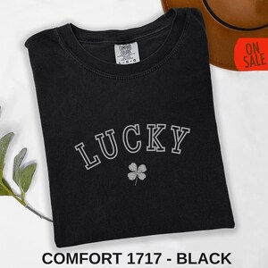Lucky Charm Tee - Retro Lucky Shirt with 4 Leaf Clover, Saint Patricks Day Party Gift, Comfort Colors Moss Green Shamrock T-shirt image 5