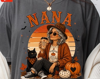 Spooky Nana Halloween Shirt, Vintage Pumpkin Spice Latte Graphic, Cozy Fall Gift for Coffee Loving Nana