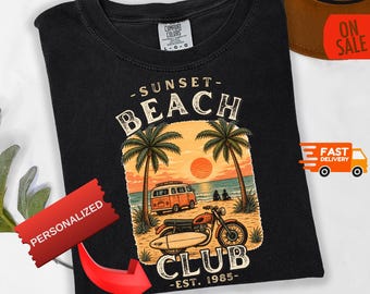 Custom Vintage Sunset Beach Club Shirt, Coastal Graphic Tee, Beachy Lover Gift For Men or Women