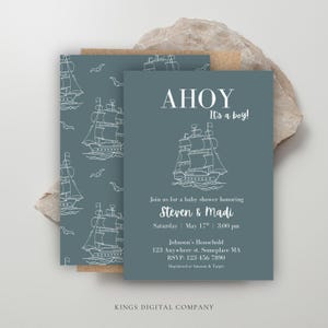 Ahoi, es ist eine Junge-Babyparty-Segelboot-Digitale Einladung, Party einladen, bearbeitbare Einladungskarte, sofortiger digitaler Download, Auf Canva bearbeiten