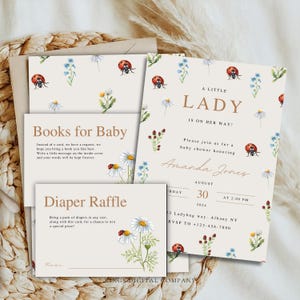 Uitnodiging babyshower lieveheersbeestje, boeken voor babykaart, luierloterijkaart, bewerkbare uitnodigingskaart, instant digitale download, canva, bestand 102