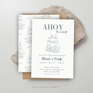 Invito digitale per baby shower "Ahoy it's a Boy", invito per festa, biglietto d'invito modificabile, download digitale istantaneo, modifica su Canva