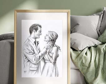 May include: A black and white pencil drawing of a couple in formal attire, looking at each other with smiles. The man is wearing a suit and tie, and the woman is wearing a dress. The drawing is framed in a light wood frame.