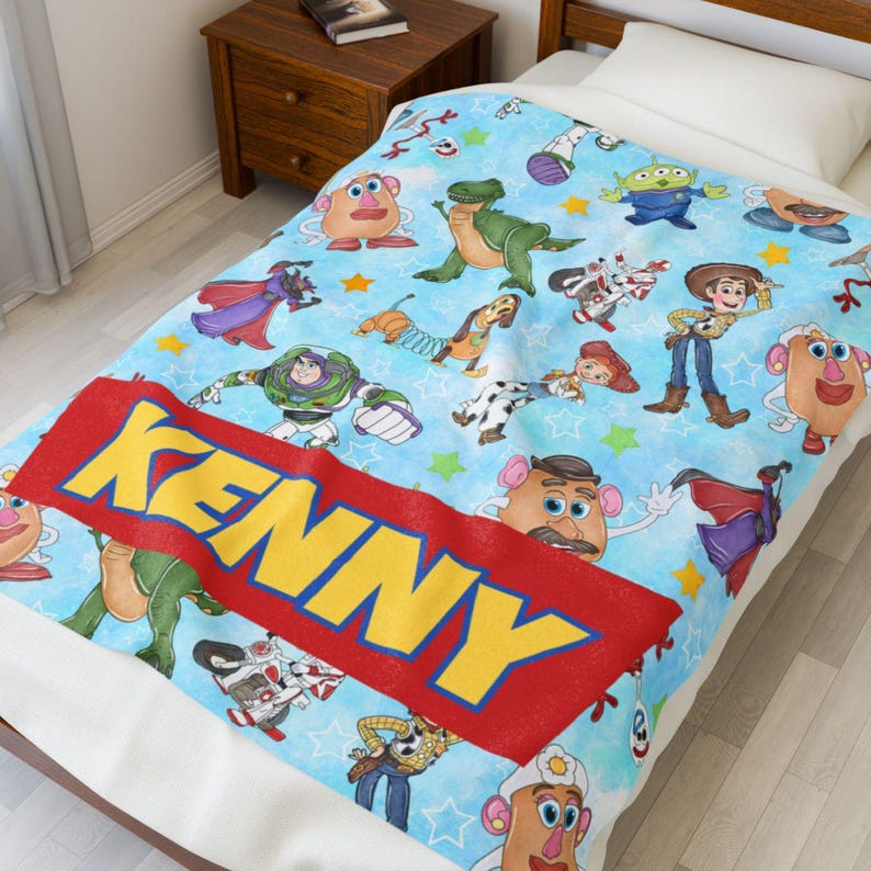 Personalized Name Blanket, Personalized Kids Blanket, Cartoon Space Ranger & Cowboy Blanket, Birthday Gift for Boys, Toddler Blanket image 1