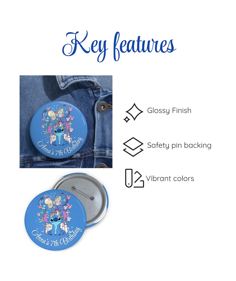May include: A blue button with a glossy finish featuring a cartoon character, balloons, and the text "Anna's 7th Birthday." The button has a safety pin backing and vibrant colors.