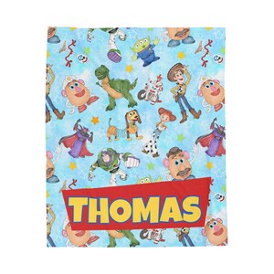 Personalized Name Blanket, Personalized Kids Blanket, Cartoon Space Ranger & Cowboy Blanket, Birthday Gift for Boys, Toddler Blanket With Red Name Banner