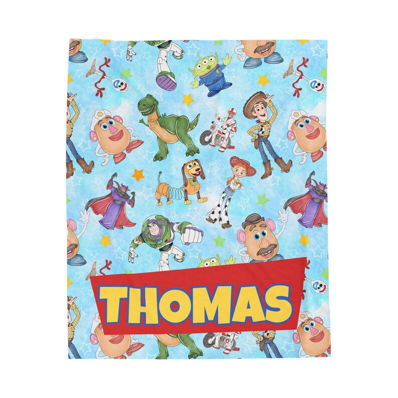 Personalized Name Blanket, Personalized Kids Blanket, Cartoon Space Ranger & Cowboy Blanket, Birthday Gift for Boys, Toddler Blanket With Red Name Banner