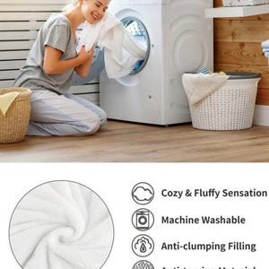 May include: A woman in a gray t-shirt and striped pants is near a white washing machine, holding a white towel. A close-up shows a white, fluffy towel with the text "Cozy & Fluffy Sensation", "Machine Washable", "Anti-clumping Filling", and "Anti-tearing Material".